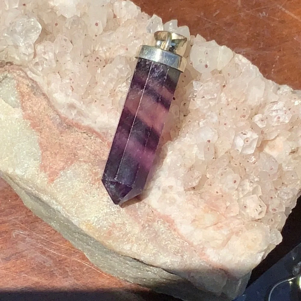 MULTI COLOR RAINBOW FLUORITE 925 STERLING SILVER POINT PENDANT - Picture 3 of 5